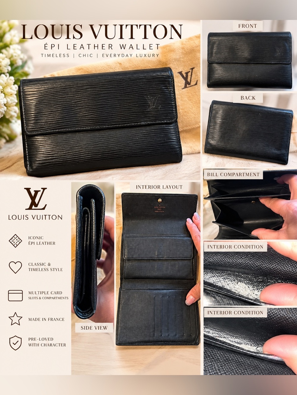 Louis Vuitton Black Épi Leather Long Card Holder Wallet